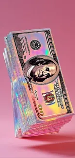 Stack of holographic dollar bills on a pink background.