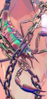 Holographic scorpion wrapped in metallic chains on a pink background.