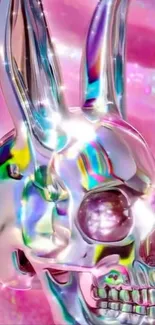 Holographic skull with vibrant hues on pink background.
