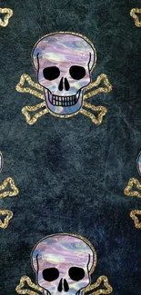 Dark blue wallpaper with holographic skulls and crossbones.