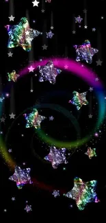 Holographic stars on a dark background creating a vibrant cosmic display.