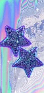 Holographic wallpaper with blue glitter stars on pastel background.