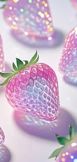 Holographic strawberries with pink glow.