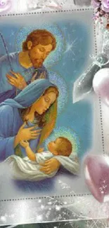 Artwork of the holy family with pastel colors and decorative elements.