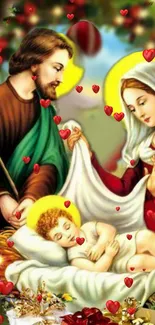 Colorful Holy Family Christmas wallpaper with heart decorations