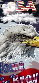 Bald eagle with USA flag and "Home of the Brave" text in a patriotic wallpaper.