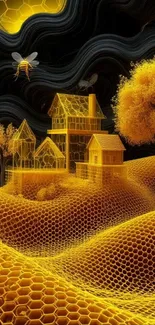Surreal honeycomb landscape with bees.