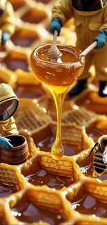 Mini figures harvesting honey on a detailed honeycomb.