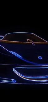 Futuristic neon car silhouette with blue and orange lights on a black background.