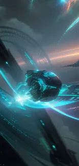 Futuristic neon spaceship soaring through a cosmic landscape with glowing trails.