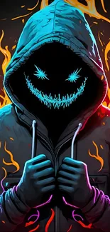 Hooded figure with neon smile and fiery background.