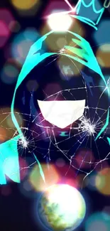 Mysterious hooded figure with shattered glass effect on digital art wallpaper.