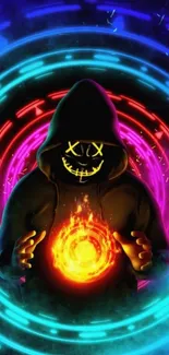 Hooded figure with neon lights and fire in a digital art style.