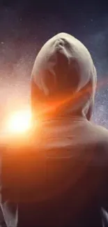 Hooded figure against a cosmic space background with glowing light.