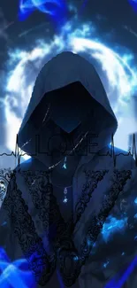 Hooded figure with blue aura in dark mystical setting.