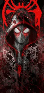 A hooded superhero with red eyes and accents on a dark background mobile wallpaper.