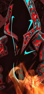 Abstract neon hooded figure with flames.