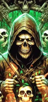 Hooded reaper with skulls in vibrant green hue, fantasy mobile wallpaper.