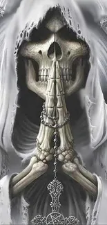 A praying hooded skeleton in a gothic style, perfect for dark-themed wallpapers.