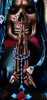 Hooded skull with rosary beads and ghostly background.