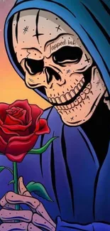 Hooded skeleton holding red rose.