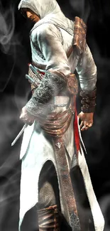 A hooded warrior in white and brown attire.