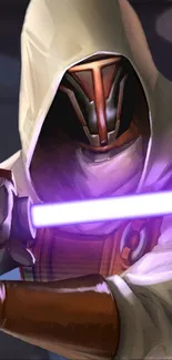 Hooded warrior holds a glowing purple lightsaber in dynamic wallpaper.