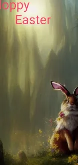 Easter bunny in a magical forest setting with flowers.