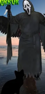 Ghostly figure with wings on a beach at dusk.