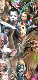 A collage of iconic horror characters creates a thrilling mobile wallpaper.