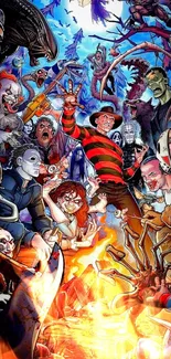 Horror characters art wallpaper with vibrant colors.