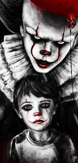 Creepy clown and child art with red accents on a black and white background.