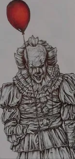 Creepy drawing of a horror clown holding a red balloon on a notepad.