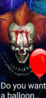 Scary clown with orange hair and red balloon in the dark.