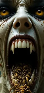 Terrifying creature with fangs and insects in open mouth.