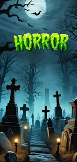Horror graveyard scene with full moon backdrop.