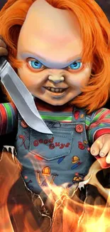 Chucky horror wallpaper for phones with knife and flames.