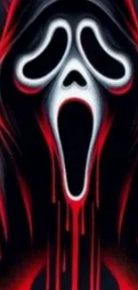 Haunting mask with blood-red drips on a black background.