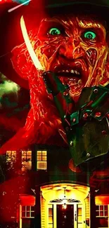 Horror movie villain with dark red and green theme on house wallpaper.