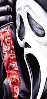 Scream mask with haunting images on knife blade