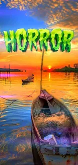 Vibrant sunset wallpaper with a boat and horror-themed text.