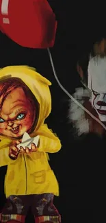 Dark horror-themed mobile wallpaper with clown and doll.