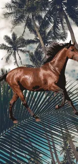 A horse running amid tall palm trees under a cloudy sky.