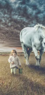 Child with a white horse under a cloudy sky on a grassy field.