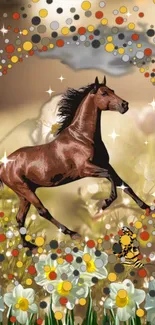 Majestic horse and daffodils with colorful dots and butterflies in fantasy art.