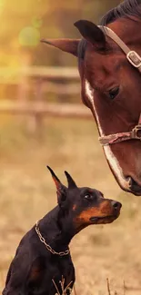 Horse and Doberman sharing a moment in sunrise.