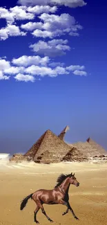 Horse galloping in front of pyramids under a blue sky with clouds.