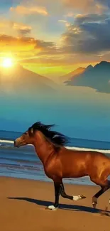 Horse running on a sunset beach with waves and mountains in the background.