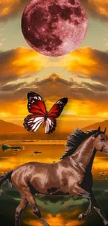 Horse running under a red moon with a butterfly in a vibrant sky.