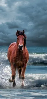 Majestic horse running through ocean waves on a cloudy beach.